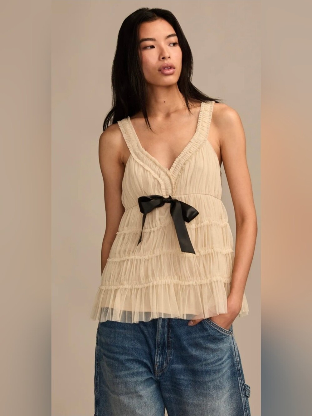 Lucky Brand Cream Ruffled V-Neck Tank with Black Bow